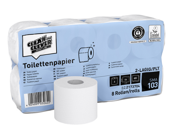 CLEAN and CLEVER Toilettenpapier Kleinrollen SMA 103 Recycling, 2-lagig, Rolle à 400 Blatt, 9,45 × 11 cm, weiss, Wellenprägung - Webstar - Hygiene- und Verbrauchsartikel - Medizin- und Pflegeprodukte - Kiosk- und Shopartikel - Fun Food Service - Schweiz - Articles d’hygiène et consommables - Produits médicaux et de soins - Produits de kiosque et de magasin - Fun Food Service - Suisse