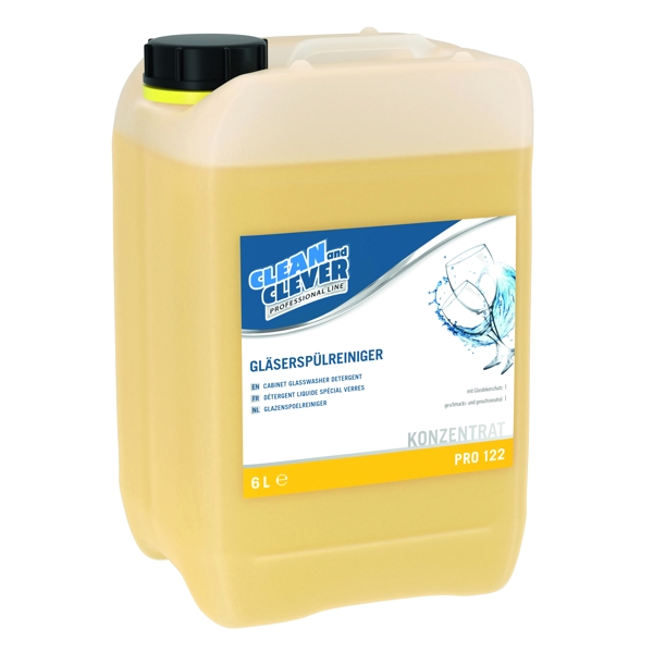 CLEAN and CLEVER Gläserspülreiniger PRO 122 gelb, flüssig, pH: 12,3, chlorfrei, schaumarm, 6 Liter, Konzentrat - Webstar - Hygiene- und Verbrauchsartikel - Medizin- und Pflegeprodukte - Kiosk- und Shopartikel - Fun Food Service - Schweiz - Articles d’hygiène et consommables - Produits médicaux et de soins - Produits de kiosque et de magasin - Fun Food Service - Suisse