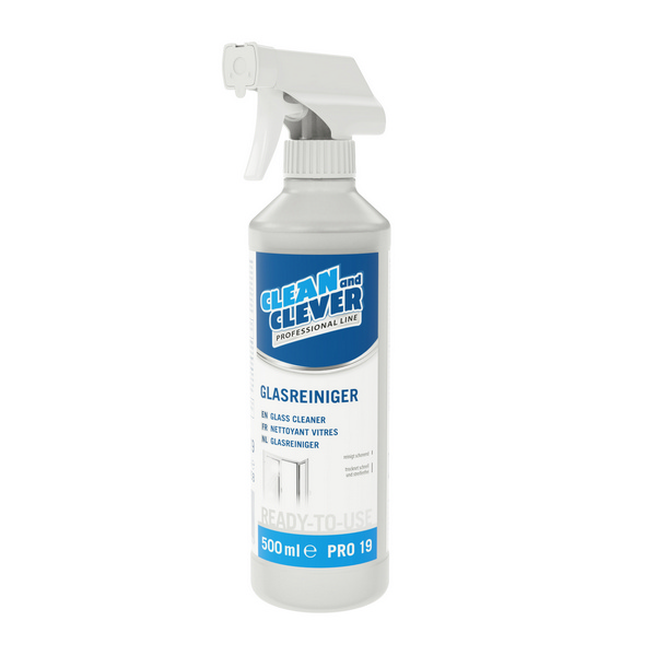 CLEAN and CLEVER Glasreiniger PRO 19 farblos, flüssig, pH: 10 - 10,5, 10 × 500 ml, gebrauchsfertig, mit Sprühkopf verstellbar - Webstar - Hygiene- und Verbrauchsartikel - Medizin- und Pflegeprodukte - Kiosk- und Shopartikel - Fun Food Service - Schweiz - Articles d’hygiène et consommables - Produits médicaux et de soins - Produits de kiosque et de magasin - Fun Food Service - Suisse