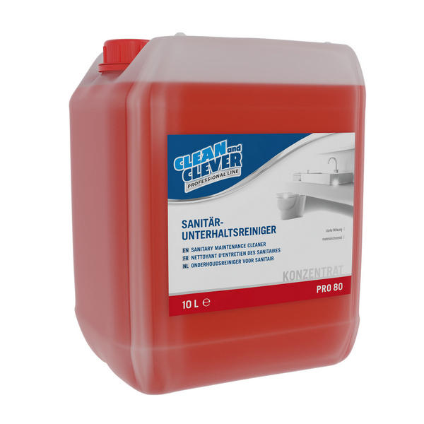 CLEAN and CLEVER Sanitärreiniger PRO 80 rot, flüssig, pH: 0,8, 10 Liter, gebrauchsfertig - Webstar - Hygiene- und Verbrauchsartikel - Medizin- und Pflegeprodukte - Kiosk- und Shopartikel - Fun Food Service - Schweiz - Articles d’hygiène et consommables - Produits médicaux et de soins - Produits de kiosque et de magasin - Fun Food Service - Suisse