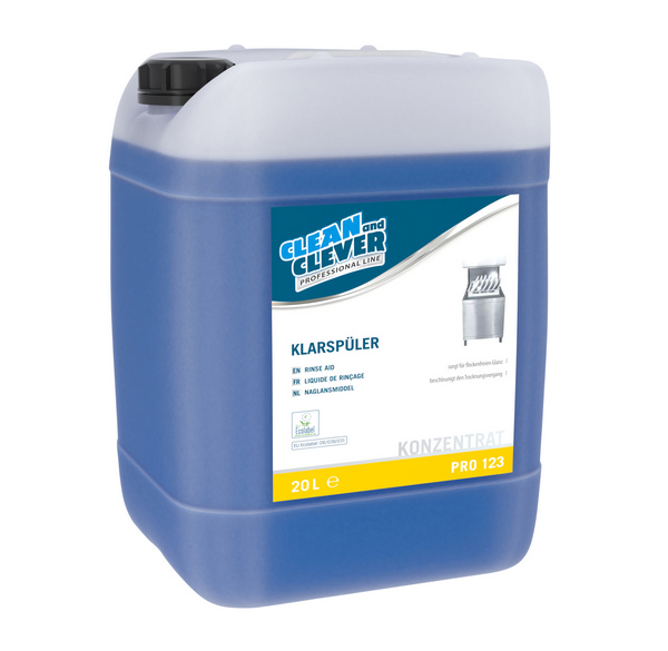 CLEAN and CLEVER Klarspüler PRO 123 blau, flüssig, pH: 1,7, umweltschonend, alkoholhaltig, 20 Liter, Konzentrat - Webstar - Hygiene- und Verbrauchsartikel - Medizin- und Pflegeprodukte - Kiosk- und Shopartikel - Fun Food Service - Schweiz - Articles d’hygiène et consommables - Produits médicaux et de soins - Produits de kiosque et de magasin - Fun Food Service - Suisse