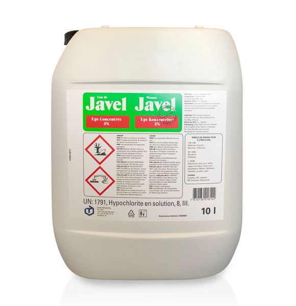 Javelwasser 5% chloriger Geruch, farblos, flüssig, pH: 11,5, chlorhaltig, 10 Liter - Webstar - Hygiene- und Verbrauchsartikel - Medizin- und Pflegeprodukte - Kiosk- und Shopartikel - Fun Food Service - Schweiz - Articles d’hygiène et consommables - Produits médicaux et de soins - Produits de kiosque et de magasin - Fun Food Service - Suisse