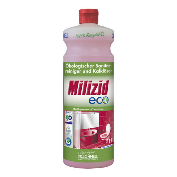 MILIZID ECO Ökologischer Sanitärreiniger und Kalklöser rosa, flüssig, pH: 0,3, umweltschonend, 12 × 1 Liter, Hochkonzentrat - Webstar - Hygiene- und Verbrauchsartikel - Medizin- und Pflegeprodukte - Kiosk- und Shopartikel - Fun Food Service - Schweiz - Articles d’hygiène et consommables - Produits médicaux et de soins - Produits de kiosque et de magasin - Fun Food Service - Suisse