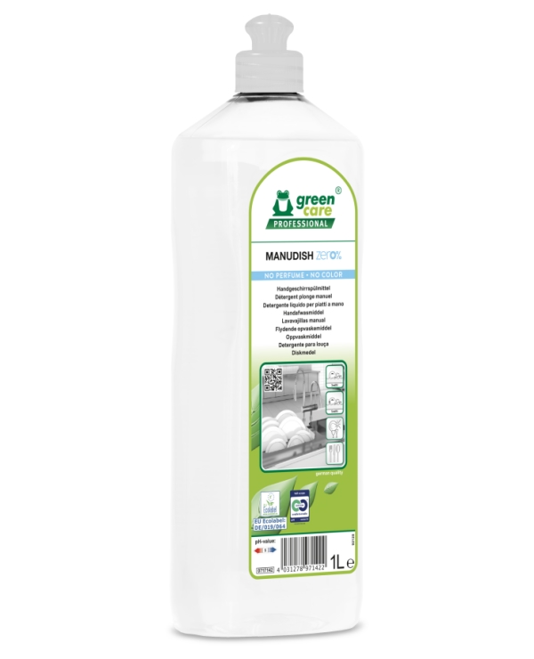 MANUDISH zero% Handgeschirrspülmittel angenehmer Geruch, farblos, flüssig, pH: 5,2 1 Liter - Webstar - Hygiene- und Verbrauchsartikel - Medizin- und Pflegeprodukte - Articles d’hygiène et consommables - Produits médicaux et de soins