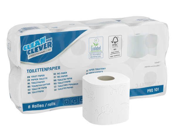 CLEAN and CLEVER Toilettenpapier Kleinrollen PRO 101 Zellstoffmix, 3-lagig, Rolle à 250 Blatt, 9,4 × 11 cm, weiss, Blumen-und-Linien-Prägung - Webstar - Hygiene- und Verbrauchsartikel - Medizin- und Pflegeprodukte - Kiosk- und Shopartikel - Fun Food Service - Schweiz - Articles d’hygiène et consommables - Produits médicaux et de soins - Produits de kiosque et de magasin - Fun Food Service - Suisse