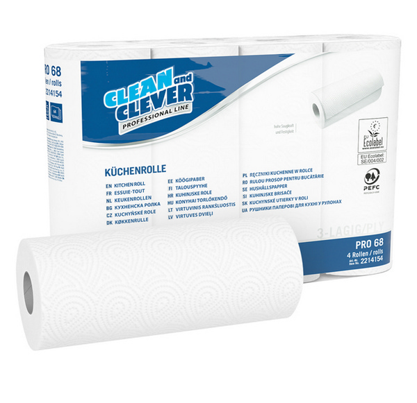 CLEAN and CLEVER Küchenrolle PRO 68 Zellstoff, 3-lagig, Rolle à 64 Blatt, 26 × 23 cm, hochweiss - Webstar - Hygiene- und Verbrauchsartikel - Medizin- und Pflegeprodukte - Kiosk- und Shopartikel - Fun Food Service - Schweiz - Articles d’hygiène et consommables - Produits médicaux et de soins - Produits de kiosque et de magasin - Fun Food Service - Suisse