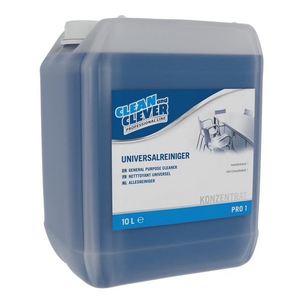 CLEAN and CLEVER Universalreiniger PRO 1 flüssig, blau, parfümiert, frischer Geruch, pH: 10, 10 Liter - Webstar - Hygiene- und Verbrauchsartikel - Medizin- und Pflegeprodukte - Kiosk- und Shopartikel - Fun Food Service - Schweiz - Articles d’hygiène et consommables - Produits médicaux et de soins - Produits de kiosque et de magasin - Fun Food Service - Suisse