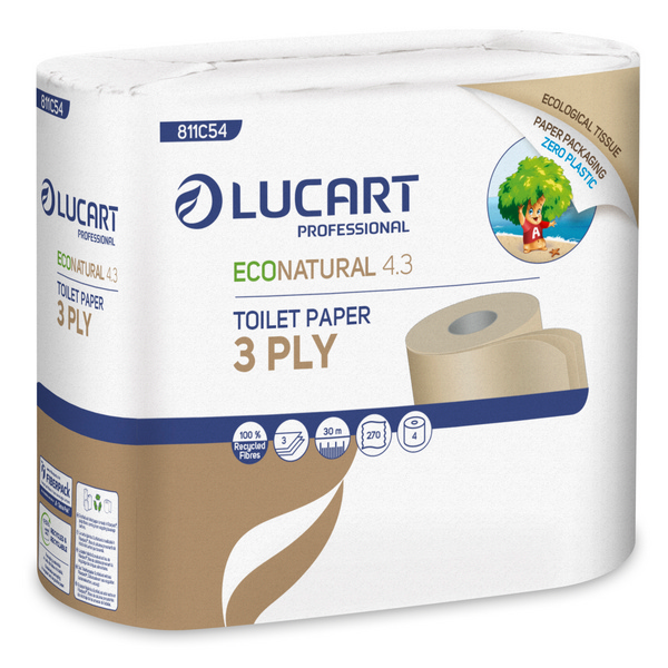 Lucart EcoNatural 4.3 Toilettenpapier Kleinrollen in Papierverpackung - Zero Plastic Recycling, 3-lagig, Rolle à 270 Blatt, 9,6 × 11 cm, havanna, Blumenprägung - Webstar - Hygiene- und Verbrauchsartikel - Medizin- und Pflegeprodukte - Kiosk- und Shopartikel - Fun Food Service - Schweiz - Articles d’hygiène et consommables - Produits médicaux et de soins - Produits de kiosque et de magasin - Fun Food Service - Suisse
