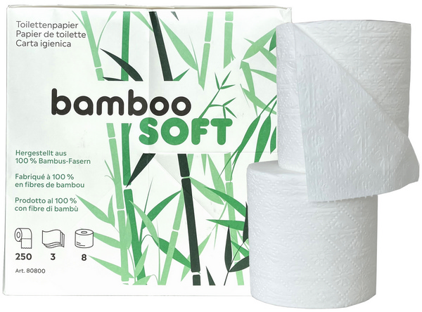 Toilettenpapier Bamboo SOFT Kleinrollen Bambus Zellstoff, 3-lagig, Rolle à 250 Blatt, 10,3 x 10 cm, 100% Plastikfreie Verpackung - Webstar - Hygiene- und Verbrauchsartikel - Medizin- und Pflegeprodukte - Kiosk- und Shopartikel - Fun Food Service - Schweiz - Articles d’hygiène et consommables - Produits médicaux et de soins - Produits de kiosque et de magasin - Fun Food Service - Suisse