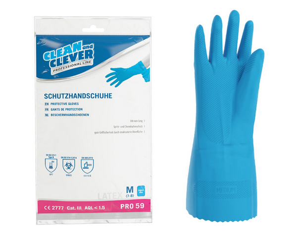 CLEAN and CLEVER Latex-Schutzhandschuhe PRO 59 blau, 300mm lang, innen velourisiert, aussen vollflächig texturiert, PSA Kategorie III Grösse M - Webstar - Hygiene- und Verbrauchsartikel - Medizin- und Pflegeprodukte - Articles d’hygiène et consommables - Produits médicaux et de soins