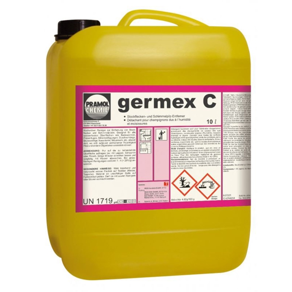 germex C Fleckenentferner hellgelb, liquide, pH: 11,5, chlorhaltig zur Entfernung von verfärbender Organismen wie Pilze, Schimmelpilz, Moosarten und Algen auf allen wasserfesten Oberflächen - Webstar - Hygiene- und Verbrauchsartikel - Medizin- und Pflegeprodukte - Articles d’hygiène et consommables - Produits médicaux et de soins