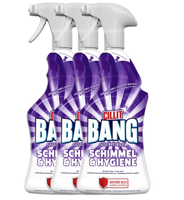 Cilit Bang Tiefenreiniger Schimmel und Hygiene chloriger Geruch, gelb, flüssig, pH: 12,2 - 12,8 3 × 750 ml - Webstar - Hygiene- und Verbrauchsartikel - Medizin- und Pflegeprodukte - Articles d’hygiène et consommables - Produits médicaux et de soins