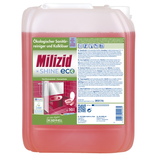 MILIZID SHINE ECO Sanitärreiniger und Kalklöser charakteristischer Geruch, rot, flüssig, pH: 0,1, biologisch abbaubar 10 Liter, Konzentrat - Webstar - Hygiene- und Verbrauchsartikel - Medizin- und Pflegeprodukte - Articles d’hygiène et consommables - Produits médicaux et de soins