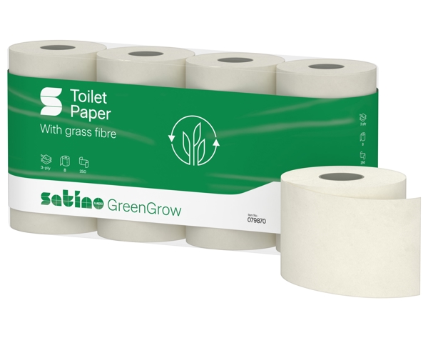 Satino GreenGrow Toilettenpapier Kleinrollen - MT1 System Miscanthus, 3-lagig, Rolle à 250 Blatt 9,6 x 11 cm, hellbeige, Waffelprägung - Webstar - Hygiene- und Verbrauchsartikel - Medizin- und Pflegeprodukte - Articles d’hygiène et consommables - Produits médicaux et de soins