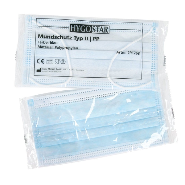 HYGOSTAR OP Maske Typ II mit Gummibändern PP blau einzeln verpackt 3 lagig 40 x 50Stk - Webstar - Hygiene- und Verbrauchsartikel - Medizin- und Pflegeprodukte - Articles d’hygiène et consommables - Produits médicaux et de soins