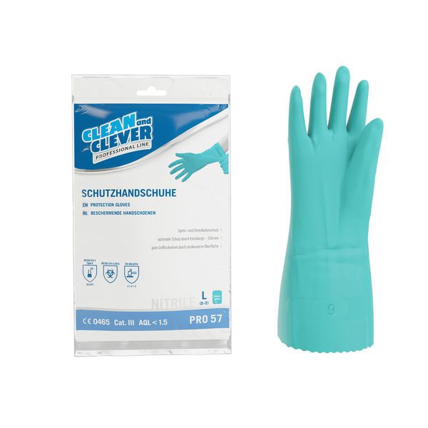 CLEAN and CLEVER Nitril- Schutzhandschuhe PRO 57 grün, 33 cm lang, innen velourisiert, aussen vollflächig texturiert, PSA Kategorie III Grösse L - Webstar - Hygiene- und Verbrauchsartikel - Medizin- und Pflegeprodukte - Articles d’hygiène et consommables - Produits médicaux et de soins