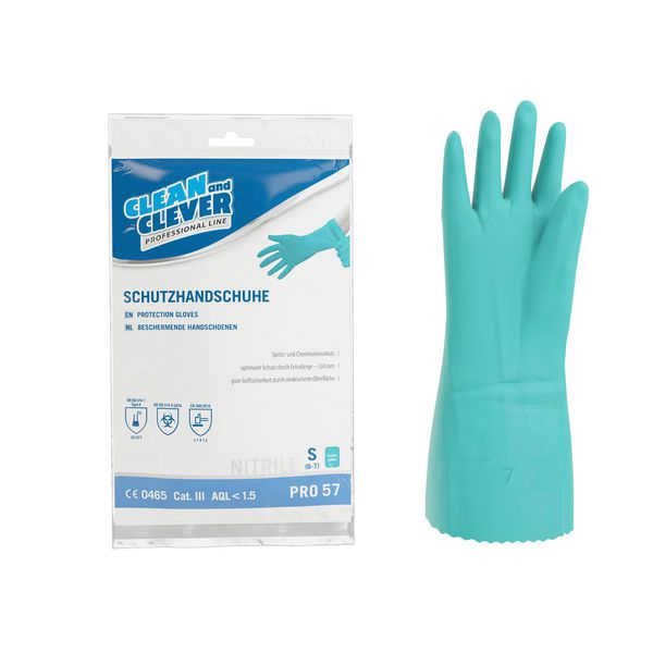 CLEAN and CLEVER Nitril- Schutzhandschuhe PRO 57 grün, 33 cm lang, innen velourisiert, aussen vollflächig texturiert, PSA Kategorie III Grösse S - Webstar - Hygiene- und Verbrauchsartikel - Medizin- und Pflegeprodukte - Articles d’hygiène et consommables - Produits médicaux et de soins