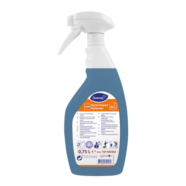 TASKI Sprint Impact Performer Oberflächenreiniger parfümiert, blau, flüssig, pH: 11 zur Entfernung von hartnäckigen Flecken auf allen alkalibeständigen, harten Oberflächen 750 ml, gebrauchsfertig, mit Sprühkopf - Webstar - Hygiene- und Verbrauchsartikel - Medizin- und Pflegeprodukte - Articles d’hygiène et consommables - Produits médicaux et de soins