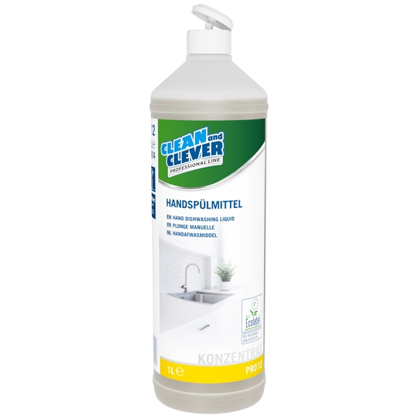 CLEAN and CLEVER Handspülmittel PRO 12 charakterischer Geruch, farblos, flüssig, pH: 5,2 kennzeichnungsfrei (CLP) 1 Liter, gebrauchsfertig - Webstar - Hygiene- und Verbrauchsartikel - Medizin- und Pflegeprodukte - Articles d’hygiène et consommables - Produits médicaux et de soins