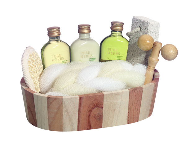 PURE HERBS «Saunakübel» je 1 × 60 ml Flacon Energizing Shower Gel, Vitalizing Shampoo, Soothing Body Lotion, Peelingschwamm, Bimsstein, Massageschwamm, Massageroller, im Holzkübel - Webstar - Hygiene- und Verbrauchsartikel - Medizin- und Pflegeprodukte - Kiosk- und Shopartikel - Fun Food Service - Schweiz - Articles d’hygiène et consommables - Produits médicaux et de soins - Produits de kiosque et de magasin - Fun Food Service - Suisse