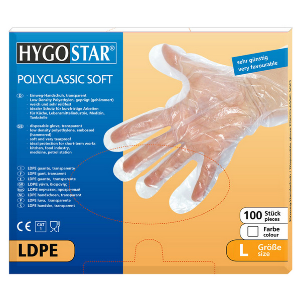 HYGOSTAR Polyclassic Soft Einweghandschuhe LD-PE, transparent, unsteril, Gr. L - Webstar - Hygiene- und Verbrauchsartikel - Medizin- und Pflegeprodukte - Kiosk- und Shopartikel - Fun Food Service - Schweiz - Articles d’hygiène et consommables - Produits médicaux et de soins - Produits de kiosque et de magasin - Fun Food Service - Suisse