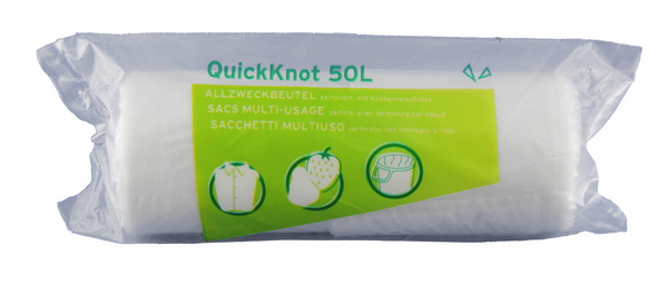 Einlagebeutel Quicktie HD-PE, transparent, Knotenverschluss, 50 Liter, 560 × 860 mm, 0,01 mm, Rolle à 15 Säcke - Webstar - Hygiene- und Verbrauchsartikel - Medizin- und Pflegeprodukte - Kiosk- und Shopartikel - Fun Food Service - Schweiz - Articles d’hygiène et consommables - Produits médicaux et de soins - Produits de kiosque et de magasin - Fun Food Service - Suisse