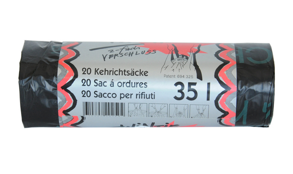 Kehrichtsäcke Twin-Tie 35 Liter, HD/LLD-PE, grau, Knotenverschluss, 360 / 200 × 880 mm, 0,03 mm, Rolle à 20 Säcke - Webstar - Hygiene- und Verbrauchsartikel - Medizin- und Pflegeprodukte - Kiosk- und Shopartikel - Fun Food Service - Schweiz - Articles d’hygiène et consommables - Produits médicaux et de soins - Produits de kiosque et de magasin - Fun Food Service - Suisse