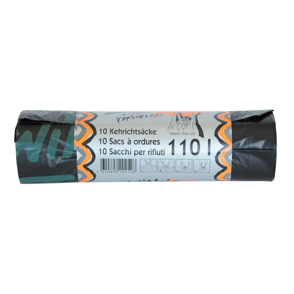 Kehrichtsäcke Twin-Tie 110 Liter, HD/LLD-PE, schwarz, Knotenverschluss, 440 / 260 × 1290 mm, 0,028 mm, Rolle à 10 Säcke - Webstar - Hygiene- und Verbrauchsartikel - Medizin- und Pflegeprodukte - Kiosk- und Shopartikel - Fun Food Service - Schweiz - Articles d’hygiène et consommables - Produits médicaux et de soins - Produits de kiosque et de magasin - Fun Food Service - Suisse