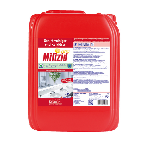 MILIZID CITRO Sanitärreiniger und Kalklöser Zitrusduft, flüssig, pH: 0,5, 10 Liter, Hochkonzentrat - Webstar - Hygiene- und Verbrauchsartikel - Medizin- und Pflegeprodukte - Kiosk- und Shopartikel - Fun Food Service - Schweiz - Articles d’hygiène et consommables - Produits médicaux et de soins - Produits de kiosque et de magasin - Fun Food Service - Suisse