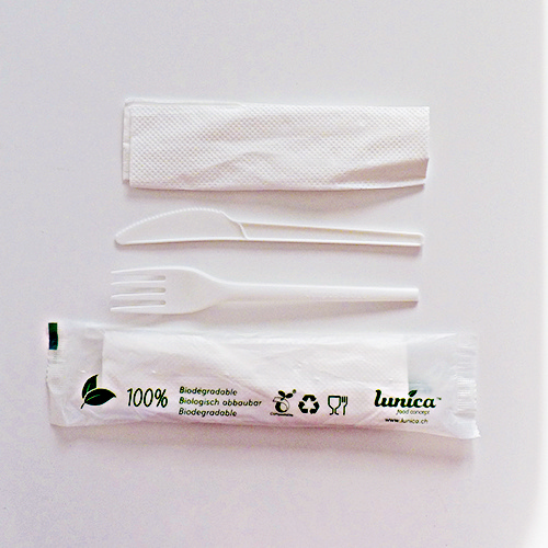 Bio-Besteckset CPLA, weiss, dreiteilig (Messer / Gabel / Serviette) - Webstar - Hygiene- und Verbrauchsartikel - Medizin- und Pflegeprodukte - Kiosk- und Shopartikel - Fun Food Service - Schweiz - Articles d’hygiène et consommables - Produits médicaux et de soins - Produits de kiosque et de magasin - Fun Food Service - Suisse