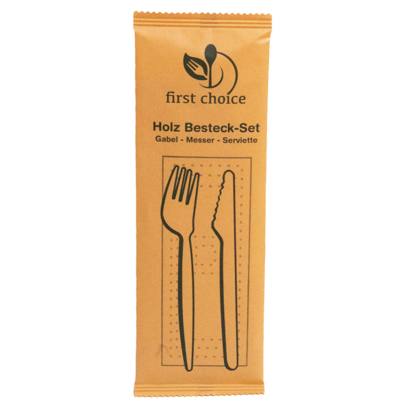 Besteckset Holz 3-teilig braun, gewachst Messer/Gabel/ Serviette 32x32cm - Webstar - Hygiene- und Verbrauchsartikel - Medizin- und Pflegeprodukte - Articles d’hygiène et consommables - Produits médicaux et de soins